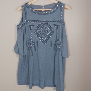 Chico's Aztec Tribal Southwestern Cold Shoulder Women's Top Size 2/L/12